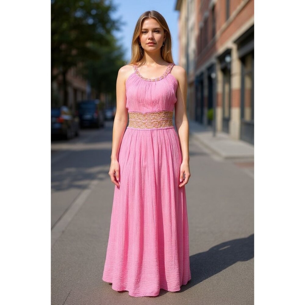 Pink Womens Maxi Dress Braided Trim & Embellished Gold Waist Boho Resort Wear